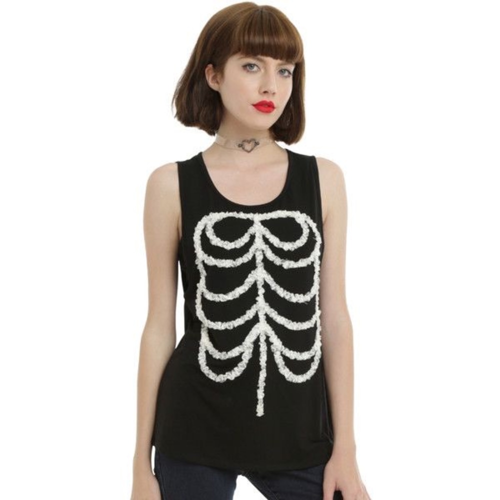 Black W/ White Lace Rib Cage Drop Arm Tank Top
